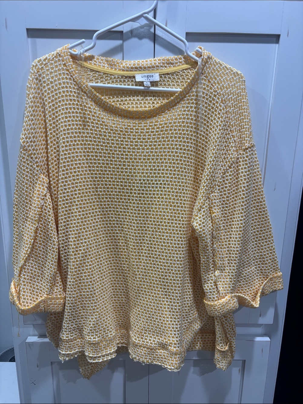 Umgee Waffle-Knit Scoop Neck Pullover in Yellow